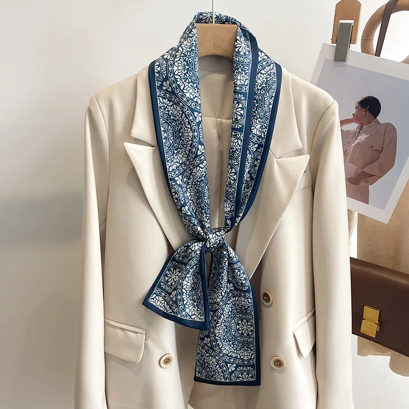 Printed Long Narrow Scarf with Decorative Ribbon Shape