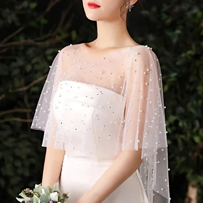 Pearl Beaded Sheer Capelet for Layering over Dresses and Tops