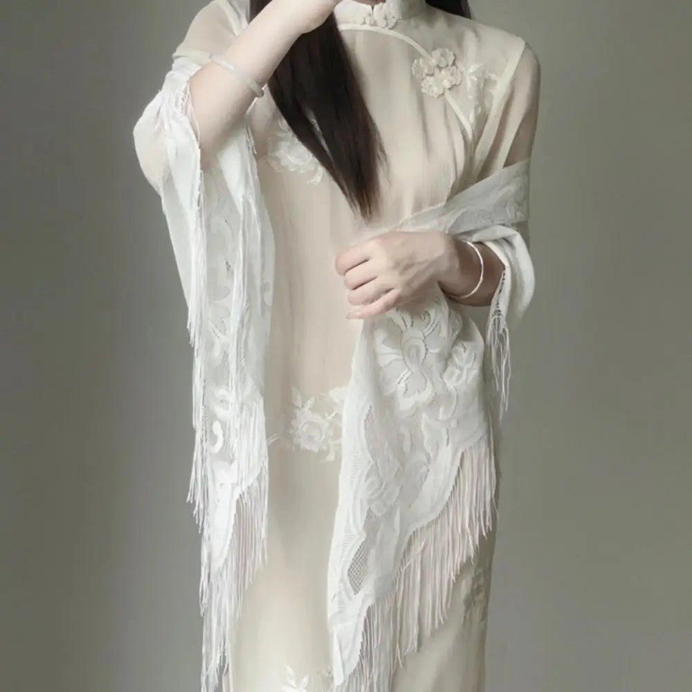 Floral Lace Fringed Wrap Scarf for Layering over Outfits