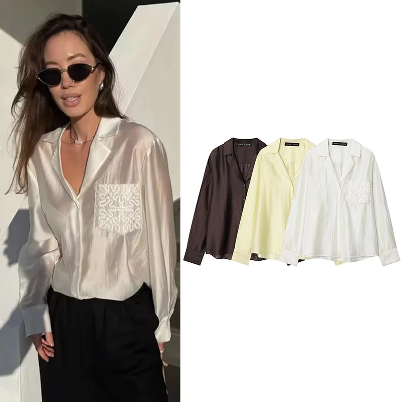 Women's Notched Collar Long Sleeve Pocket Shirt