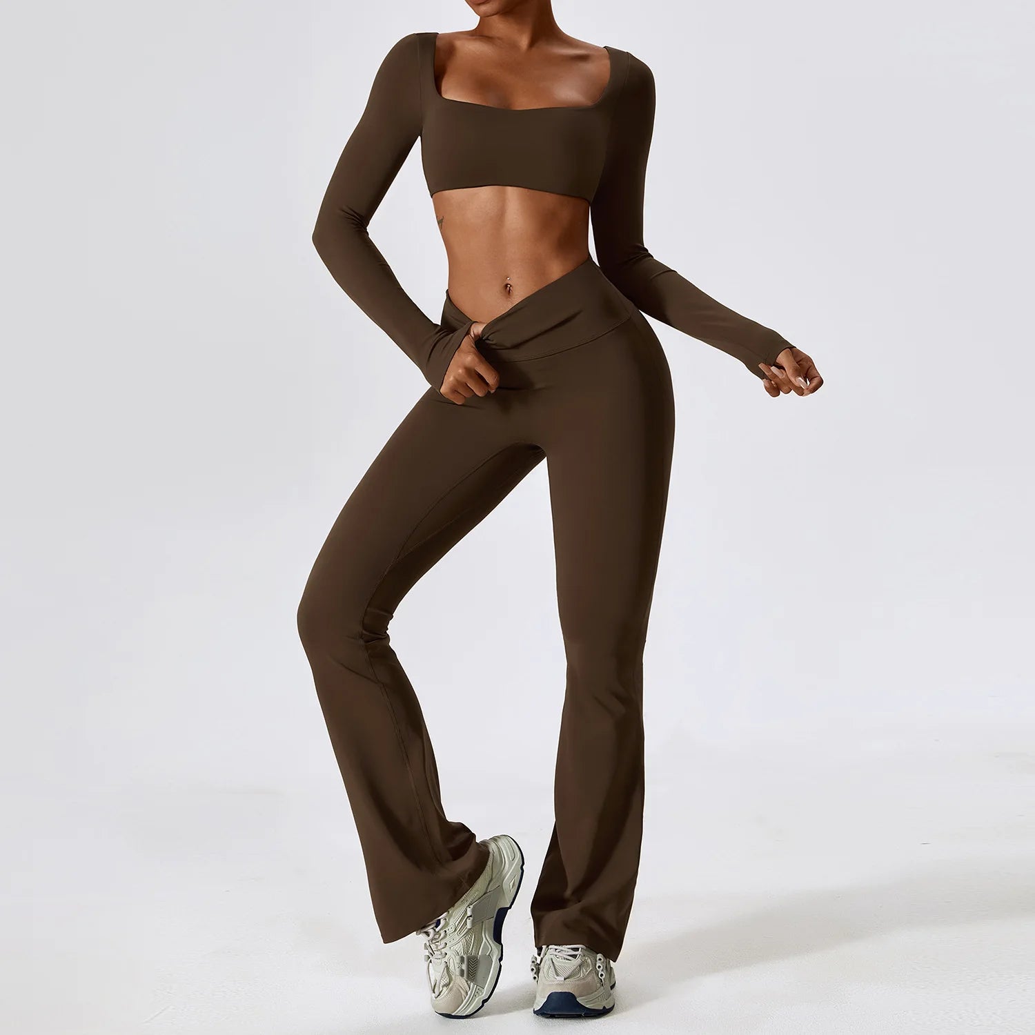 Women's Crop Top Sleeve Layer And Flared Pants Yoga Set