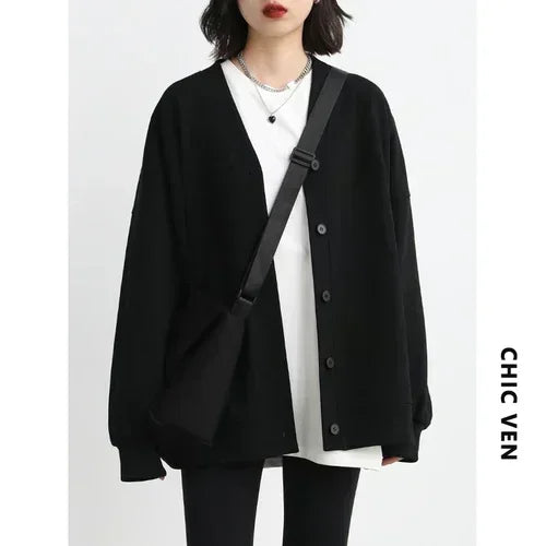 V Neck Long Sleeve Button Front Loose Casual Cardigan