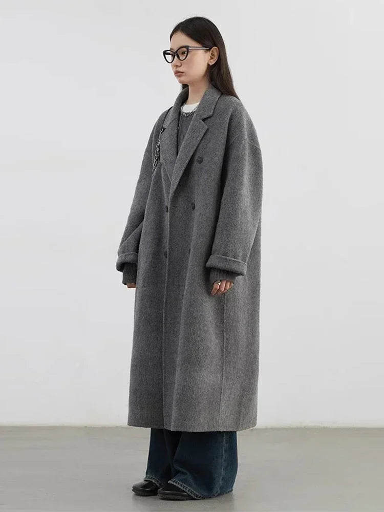 Women's Long Double Breasted Lapel Coat for Layered Outfits