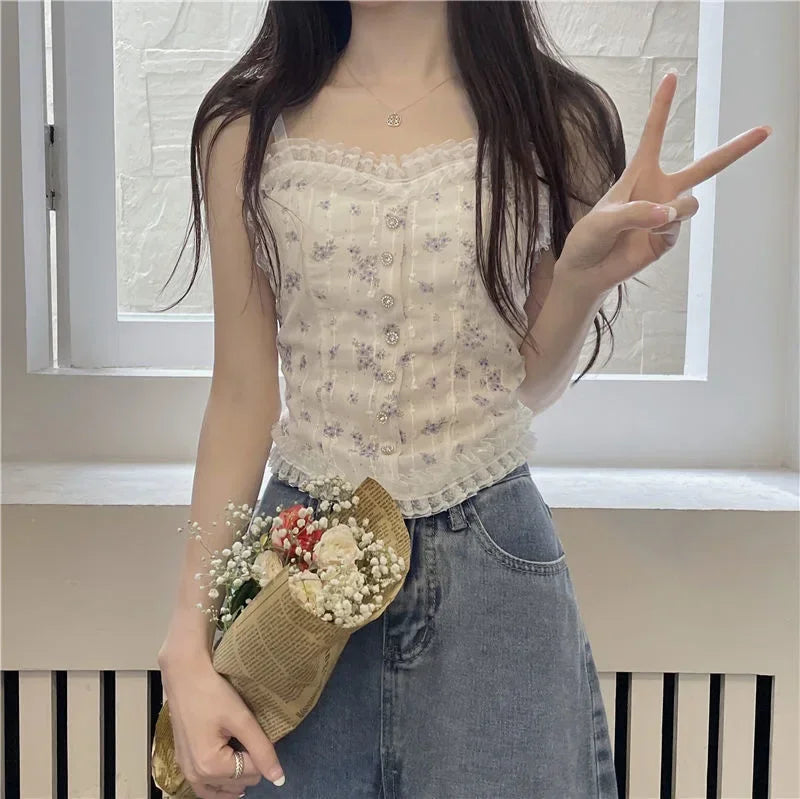 Women's Floral Lace Camisole with Thin Straps and a Fitted Silhouette