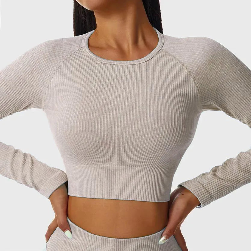 Women's Contrast-Stripe Long-Sleeve Workout Crop Top