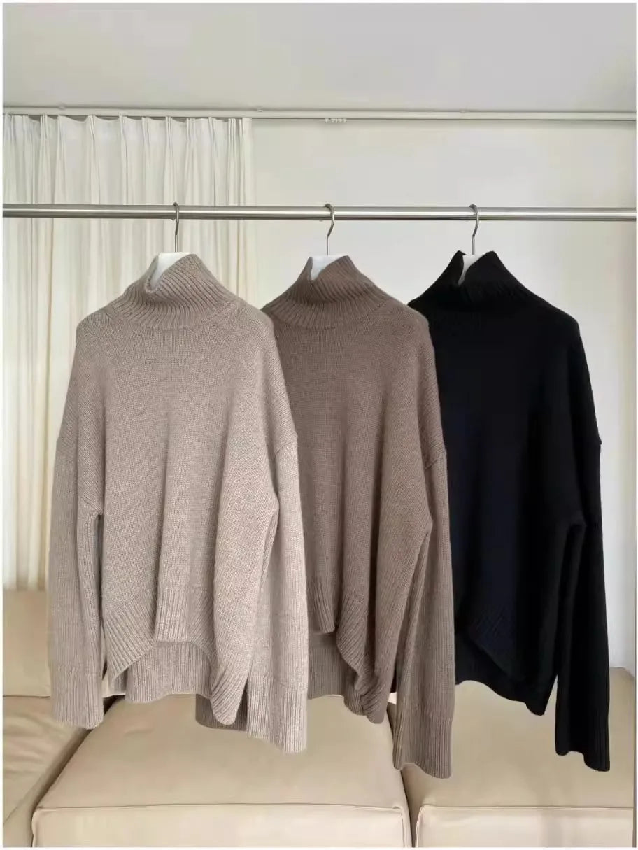 100% pure cashmere sweater for women high-neck sweater loose and thickened silhouette sweater