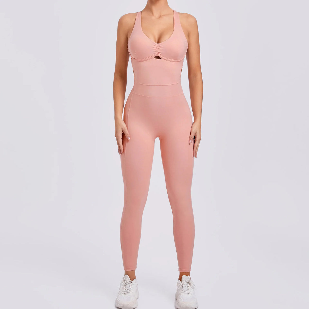 Women's Sleeveless Nylon Blend Workout Jumpsuit with Front Keyhole and Fitted Legs