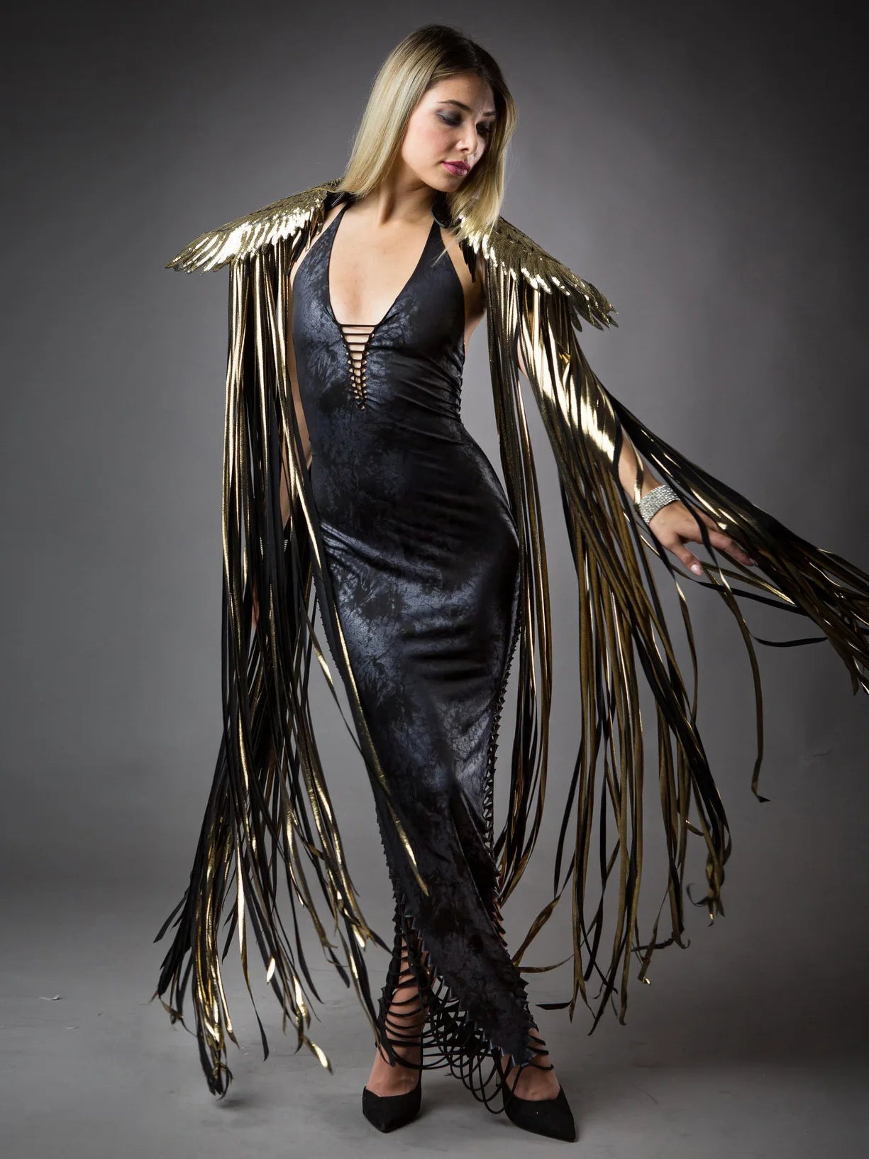 Metallic Wing Fringe Cape for Stage and Costume Layering