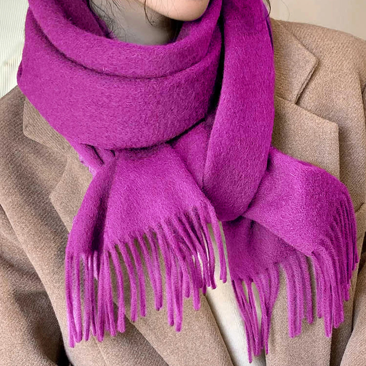 Solid Long Wool Scarf with Decorative Fringed Ends