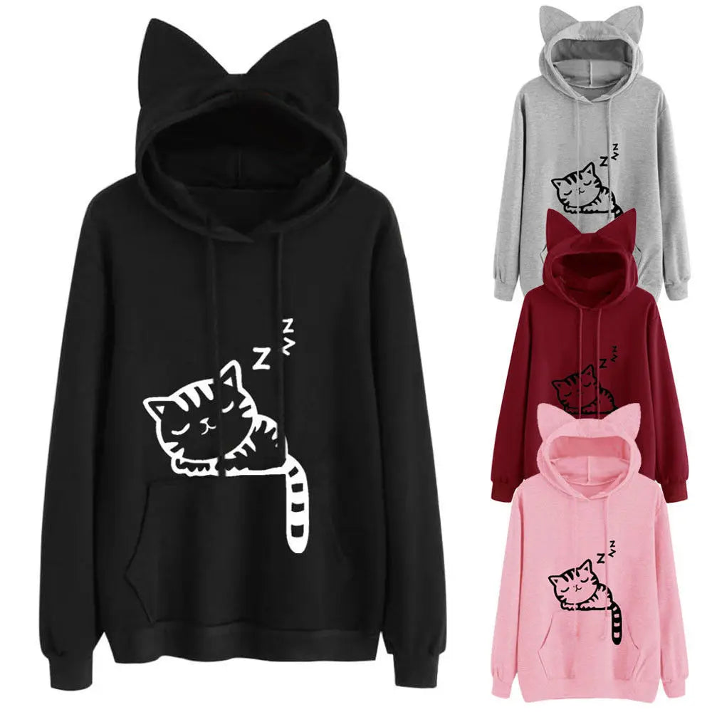 Cat Graphic Long Sleeve Pullover Casual Hoodie for Layering