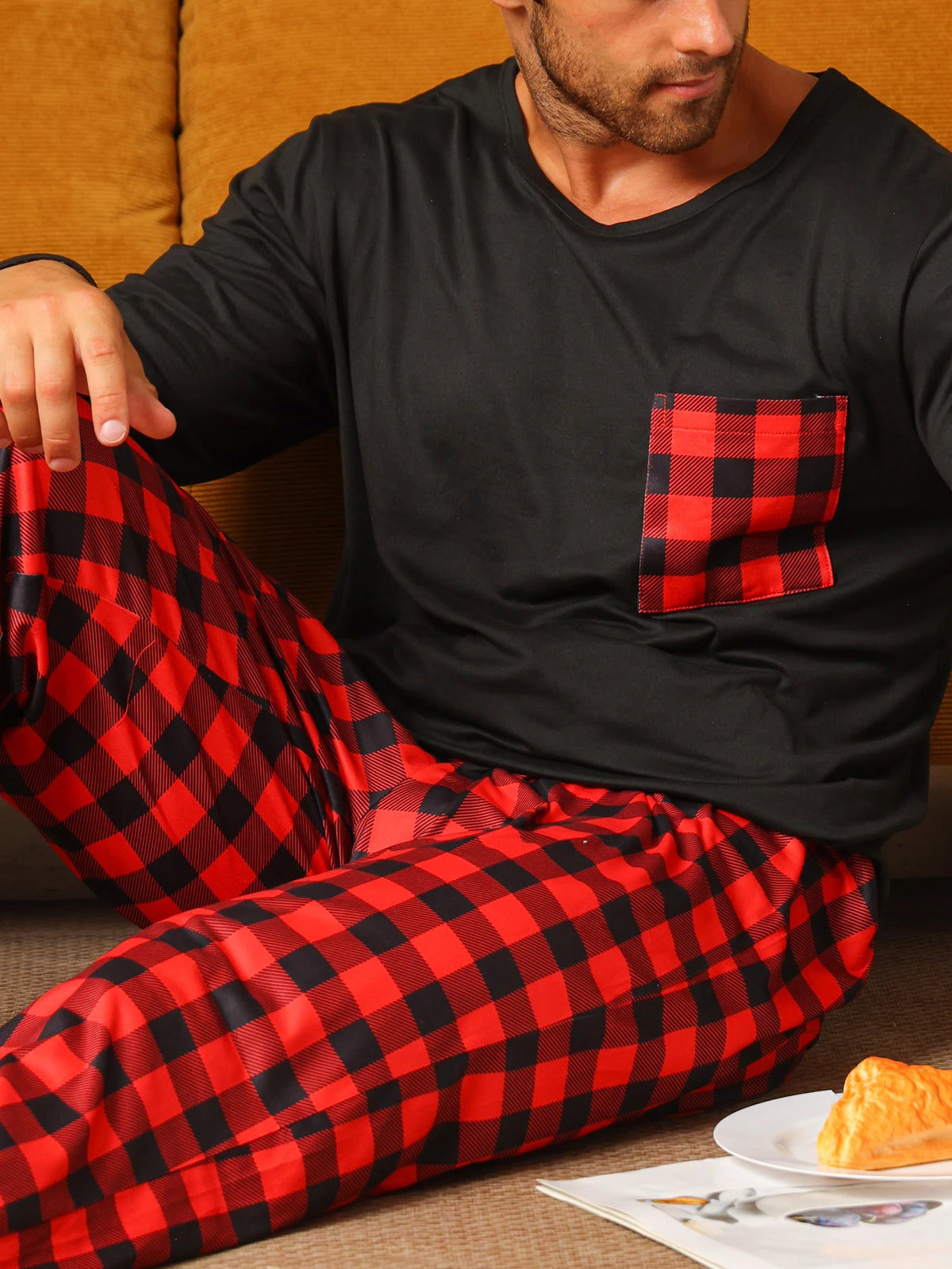 Men's Long Sleeve Pocket Top and Plaid Pants Pajama Set