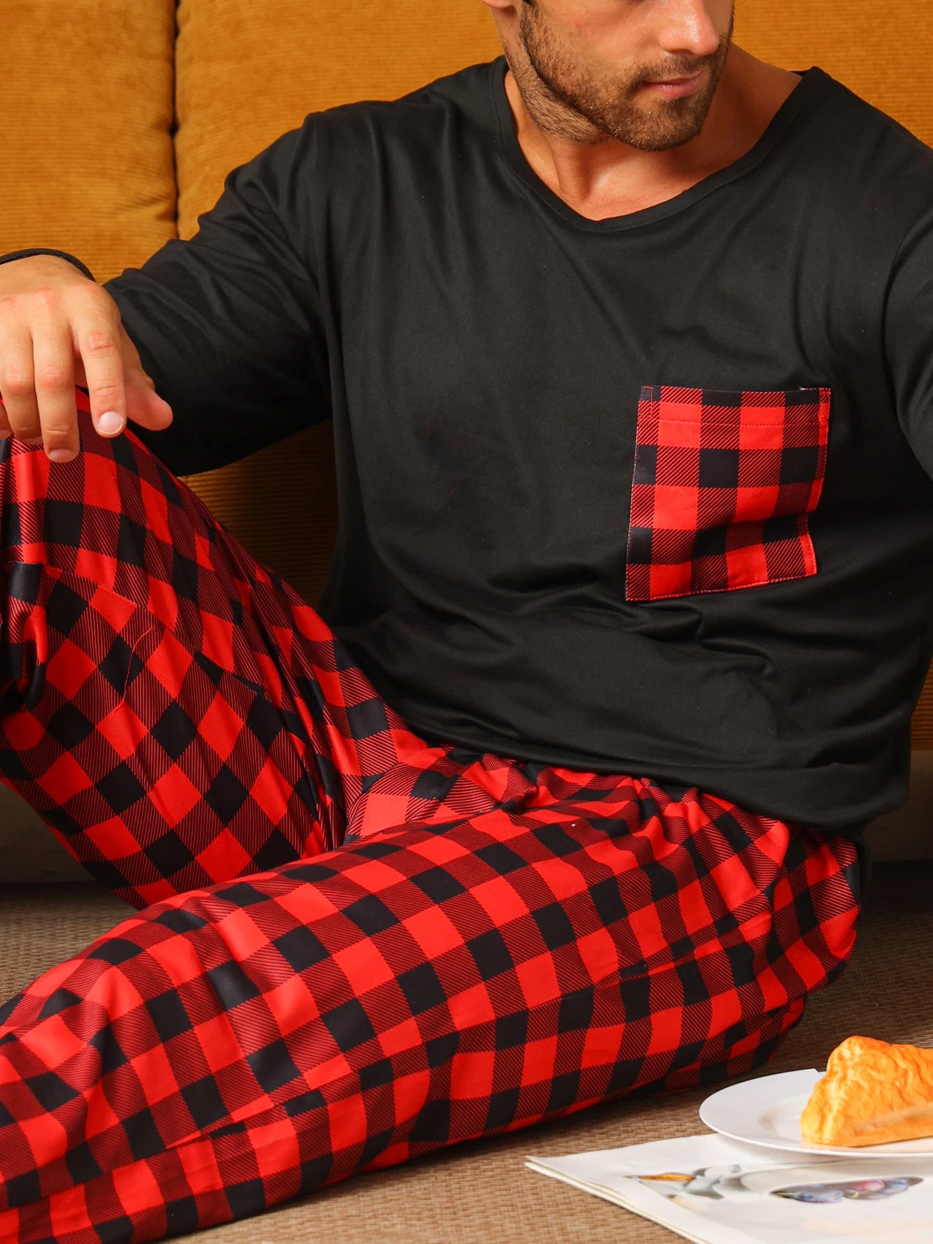 Men's Long Sleeve Pocket Top and Plaid Pants Pajama Set