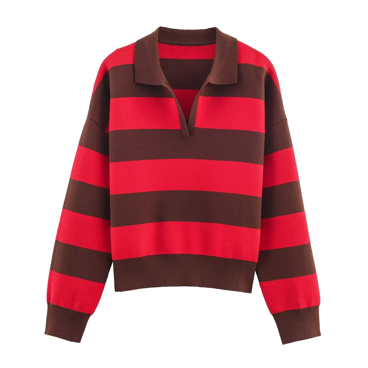 Women's Striped Polo Collar Loose Fit Sweater Casual Knit Layer