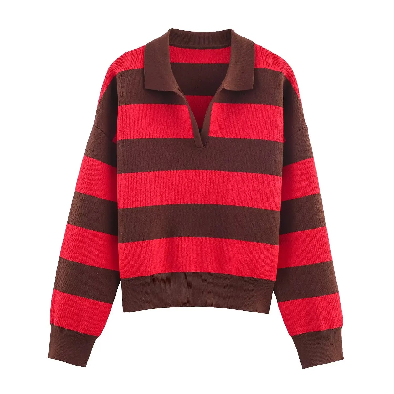Women's Striped Polo Collar Loose Fit Sweater Casual Knit Layer
