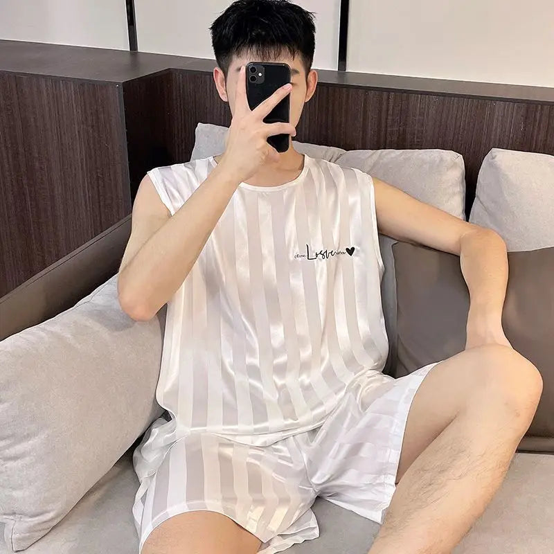 Men's Striped Sleeveless Top and Shorts Pajama Set