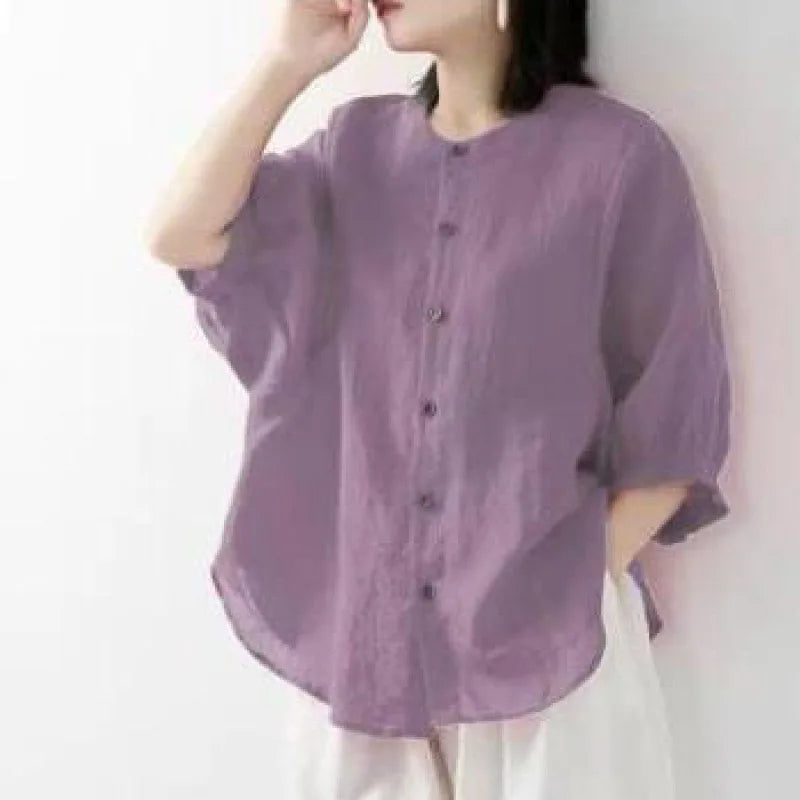 Women's Stand Collar Gathered Sleeve Loose Shirt