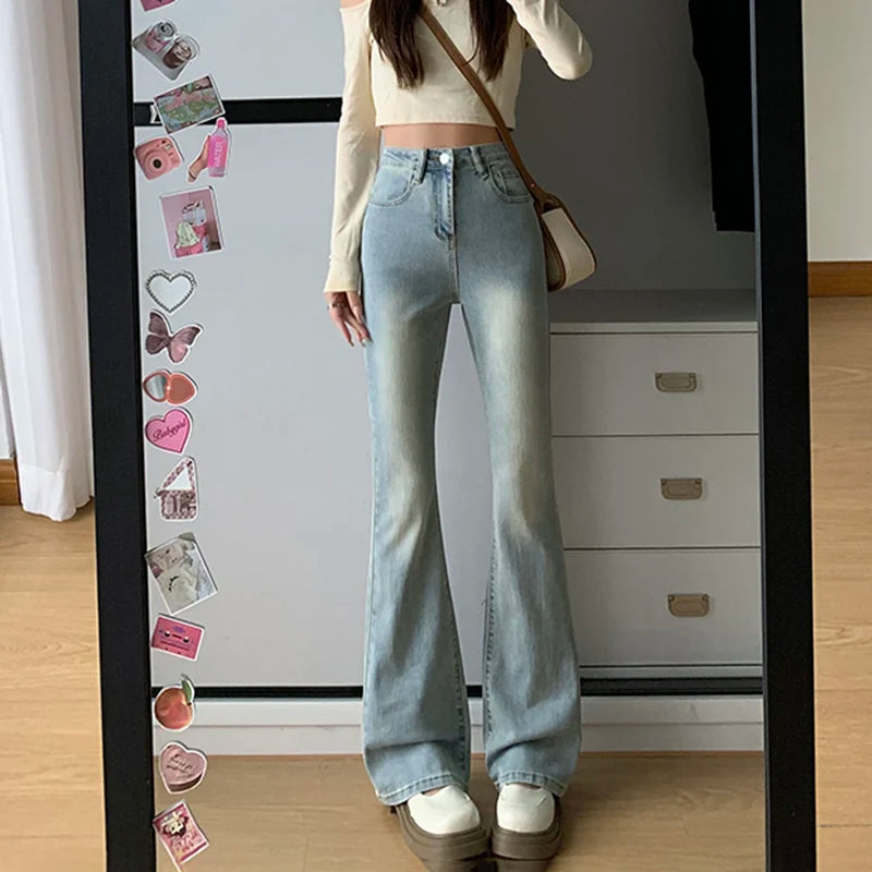 Women's Gray Blue Flared Leg Denim Jeans For Everyday Outfits