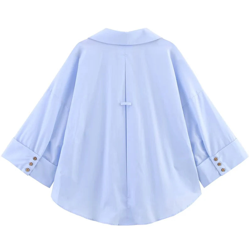 Women's Striped Wide Sleeve Cropped Button Front Shirt
