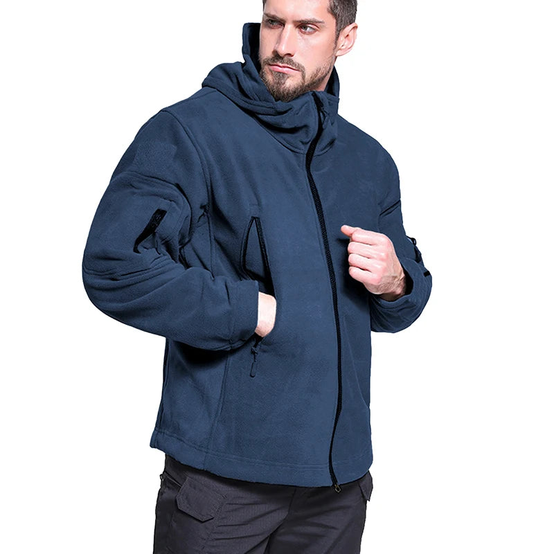 Men's Warm Tactical Fleece Jacket Zip Up Thicken Polar Hoodie Winter Outdoor Sport Hiking Hooded Coat Multi-Pocket