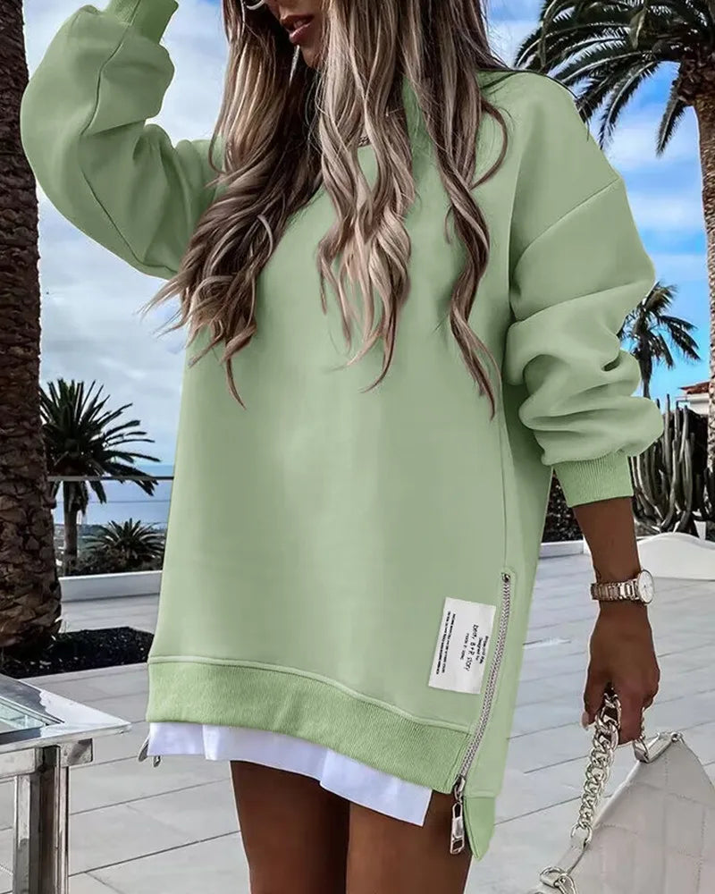 Long Crew Neck Sweatshirt with Side Zip and Layered Hem