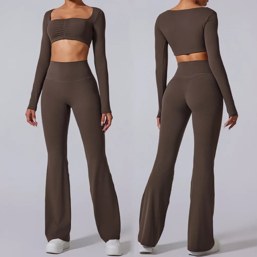 Women's Long-Sleeve Crop Top and Flared Pants Workout Set