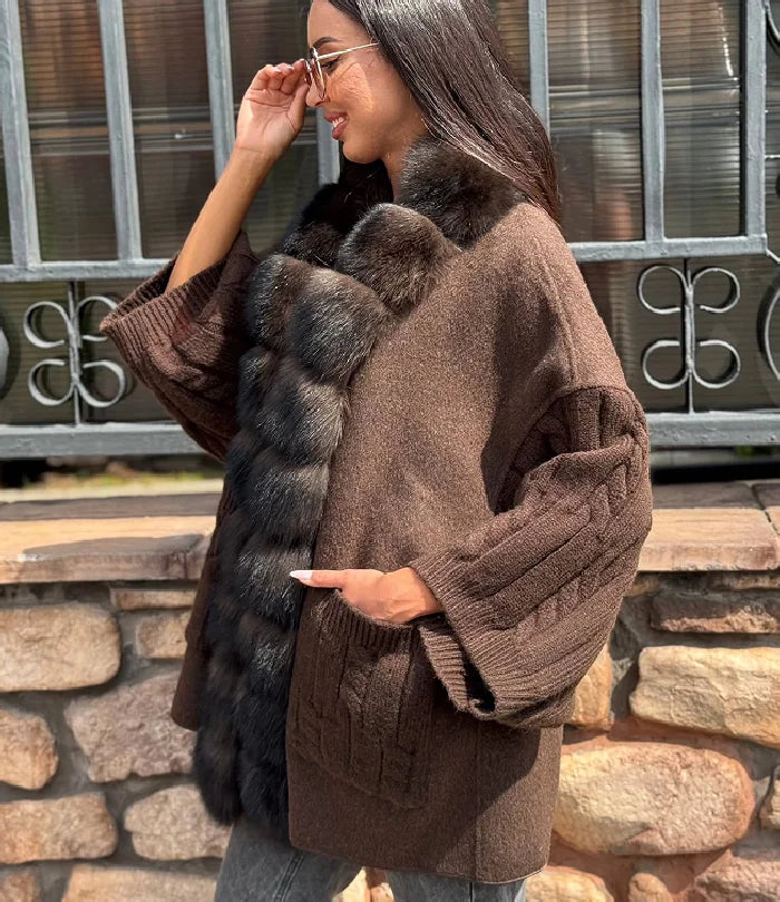 Cable Knit Plush Collar Poncho for Layering over Outfits