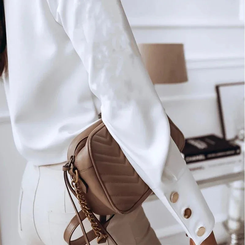 Women's Stand Collar Shirt with Decorative Cuff Buttons