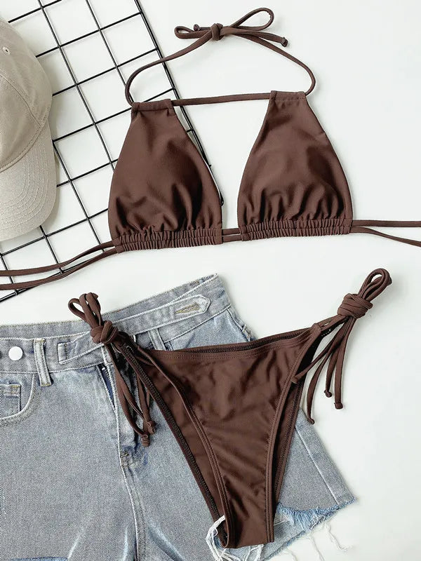 Women's Halter Keyhole Top and Side Tie Bikini Briefs Set