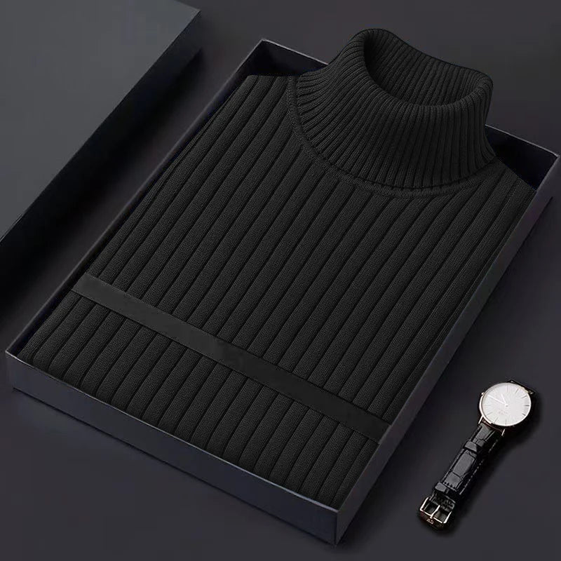 Men's Ribbed Turtleneck Sweater with Contrast Stripe