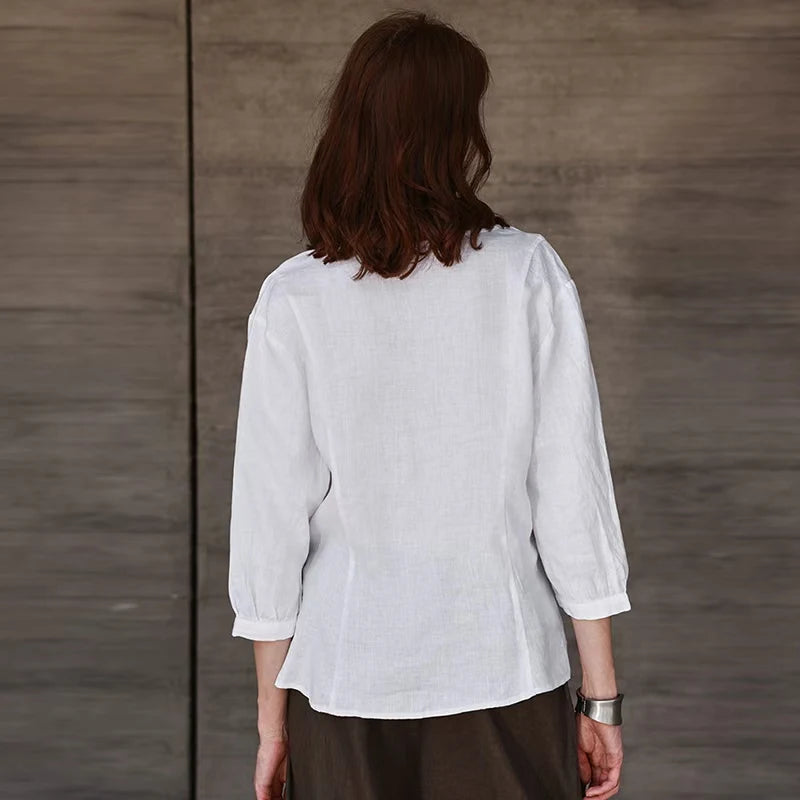 Women's Linen V-Neck Button-Up Shirt with Three-Quarter Sleeves for Casual Everyday Outfits