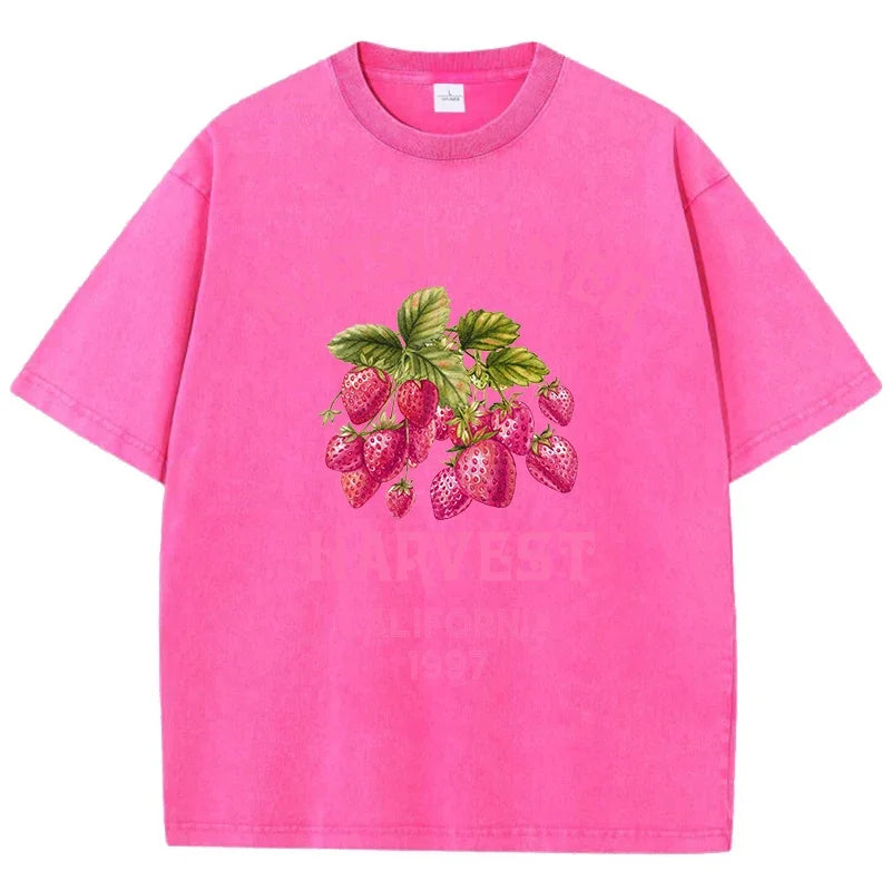 Men's Cotton T-shirt Strawberry Printed Washed T-shirt Comfortable Round Neck Top Men's Summer Clothing