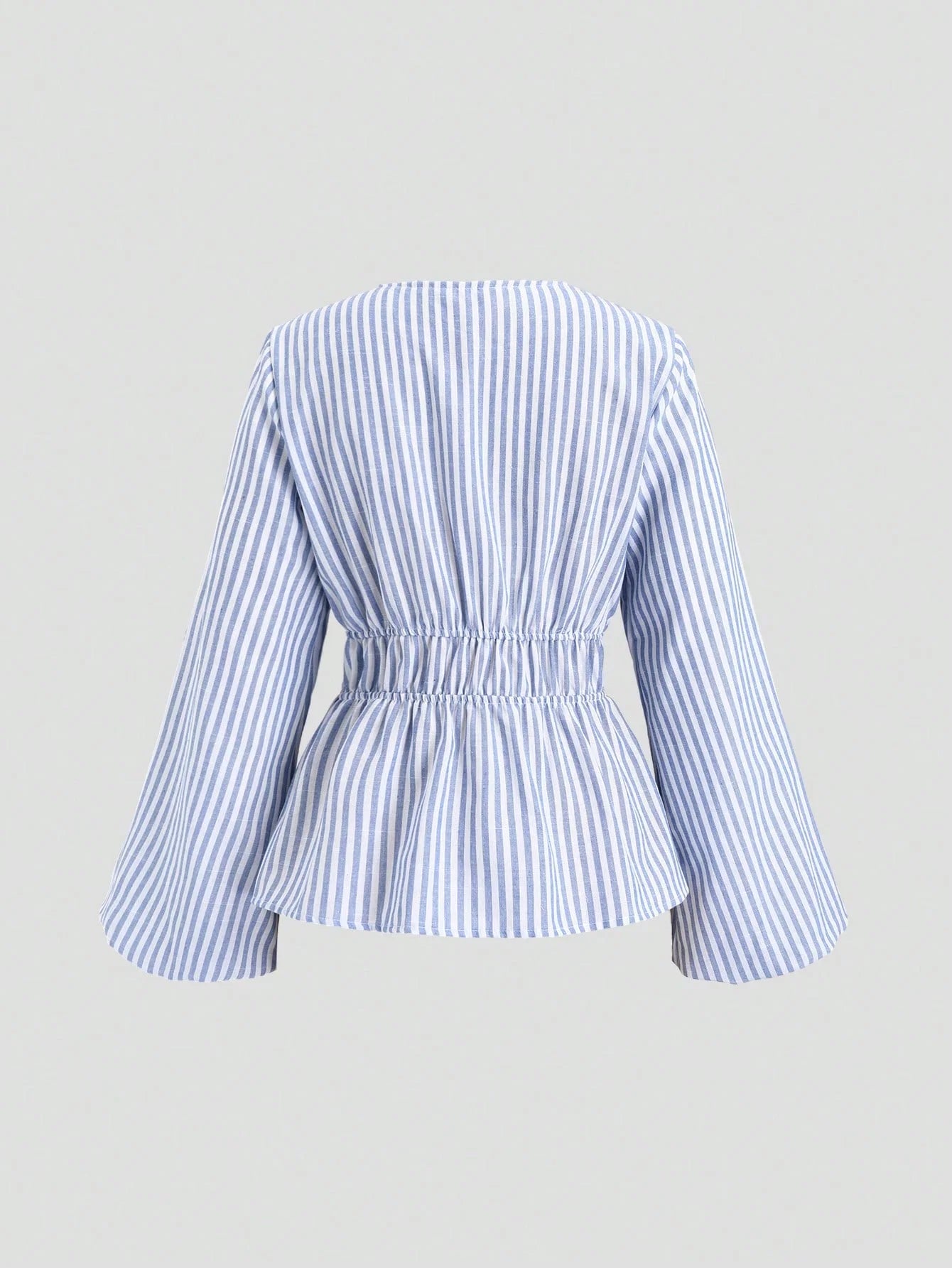 Women's Striped Wrap Blouse with Back Tie and Wide Sleeves