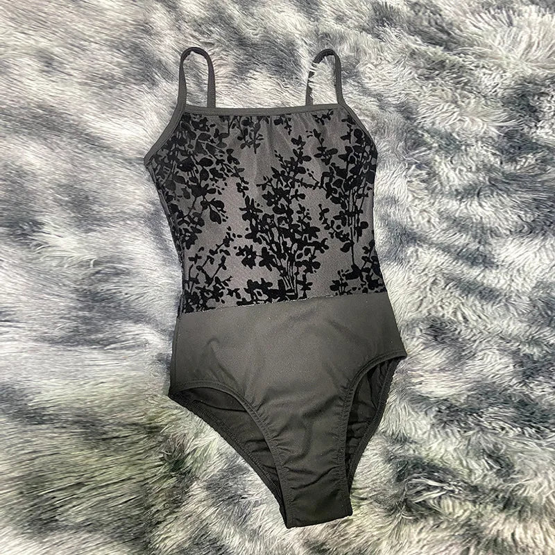 Women's Floral Lace Camisole Ballet Leotard with Low Back Design