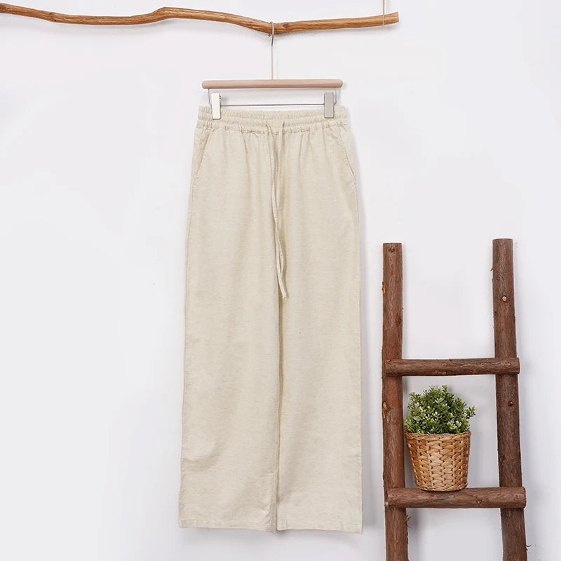 Women's Cotton-Linen Loose Straight-Leg Full-Length Pants with Drawstring Waist and Side Pockets
