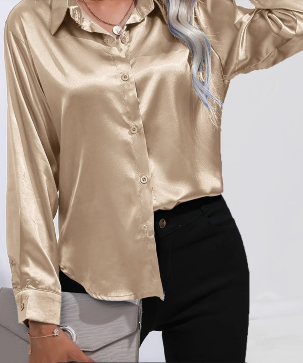 Women's Long Sleeve Button Front Satin Look Shirt