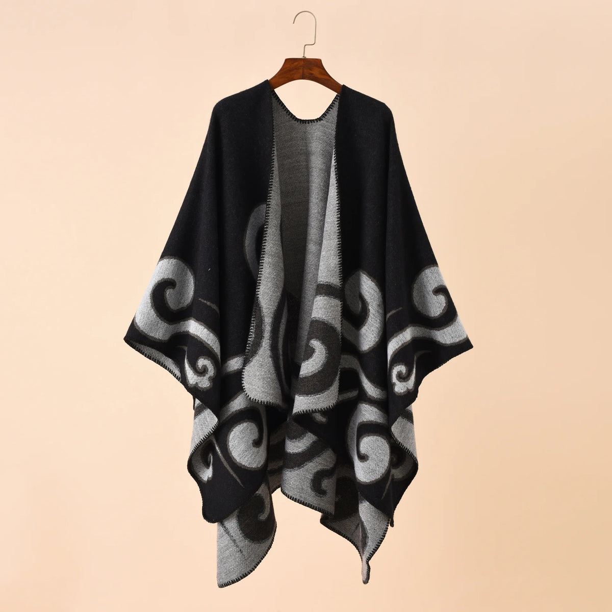Swirl Pattern Pointed Hem Poncho for Layering over Outfits