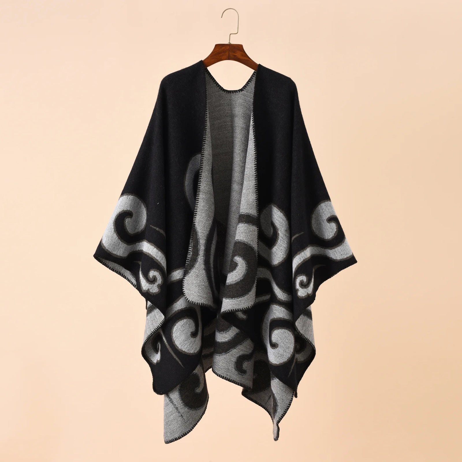 Swirl Pattern Pointed Hem Poncho for Layering over Outfits