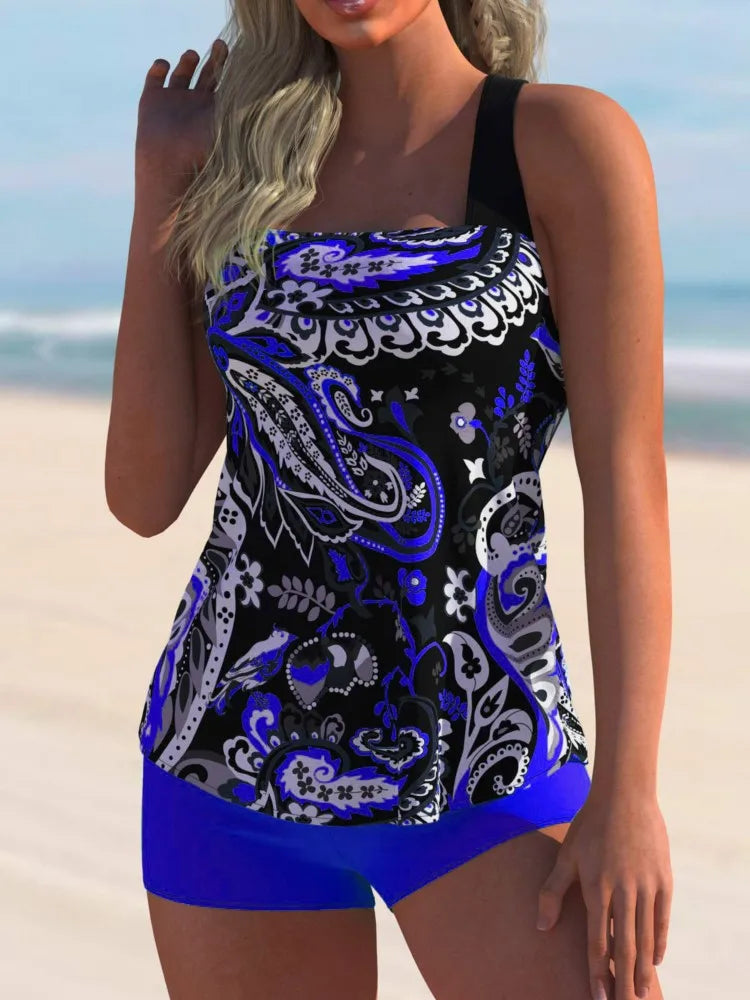 Women's Paisley Print Tankini Top and Contrasting Shorts Swim Set