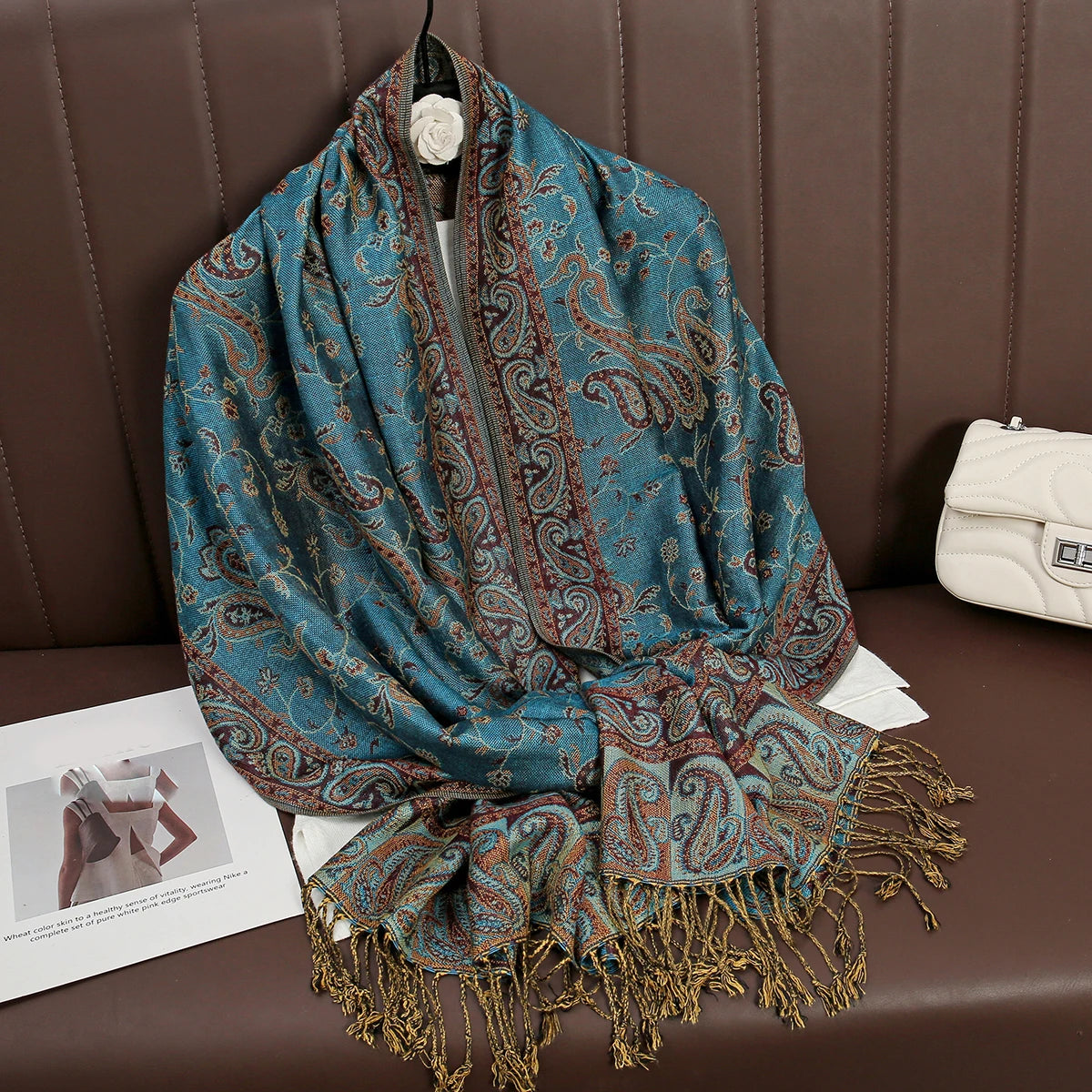 Paisley Floral Print Long Scarf with Fringed Ends