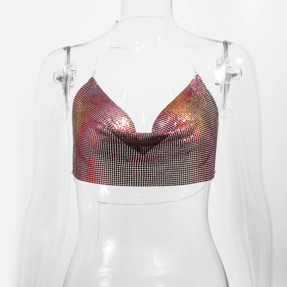 Women's Metallic Chain Mesh Halter Crop Top with Draped Neckline
