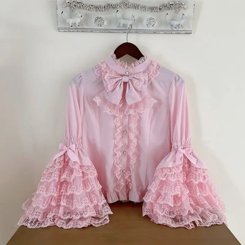 Women's Bow Neck Blouse with Layered Lace Sleeves