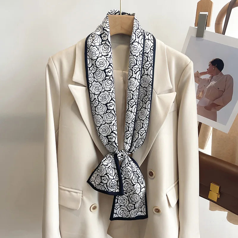 Printed Long Narrow Scarf with Decorative Ribbon Shape