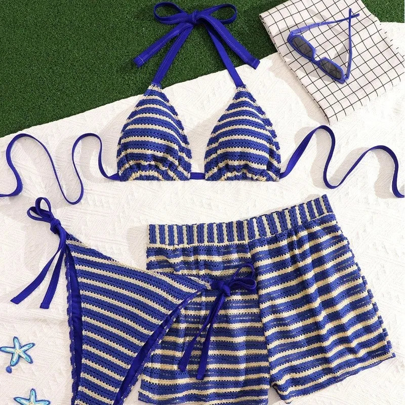 Women's Striped Triangle Bikini with Matching Swim Shorts