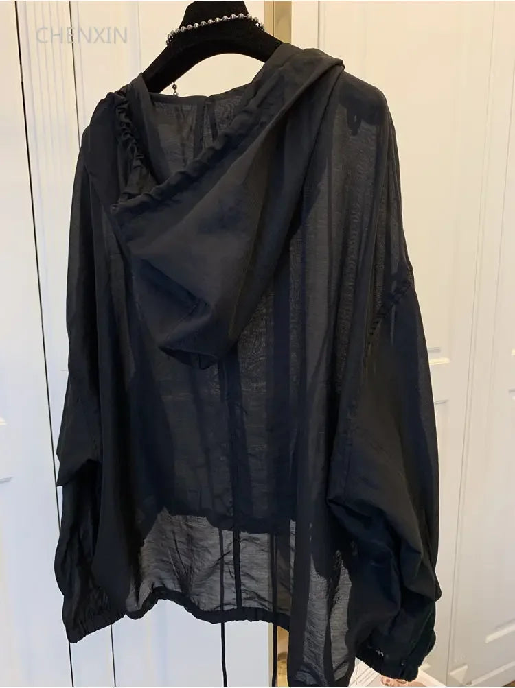 Women's Cotton-Polyester Hooded Long-Sleeve Zip-Front Thin Loose Jacket for Casual Summer Outfits