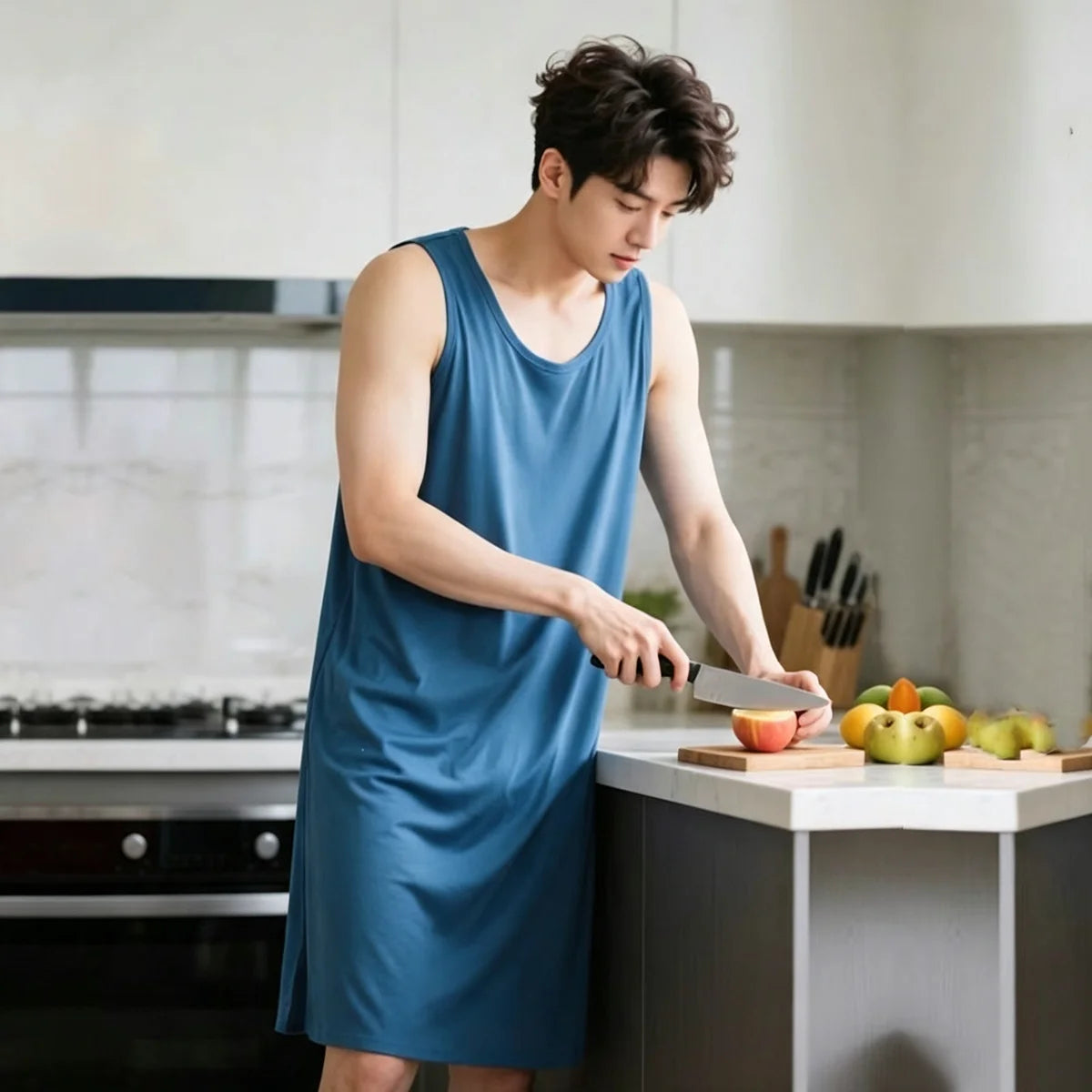 Men's Sleeveless Round Neck Lounge Nightdress with Straight Silhouette