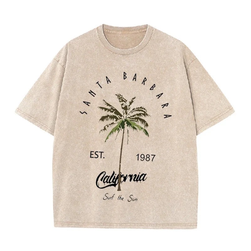 Vintage Palm Tree Print T Shirt Santa Barbara Retro Washed Cotton Tee