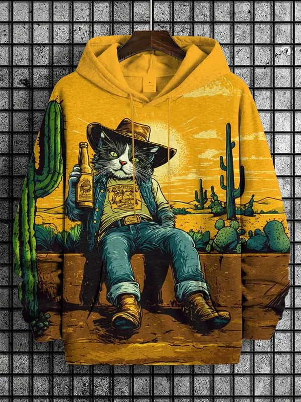 Cat Dinosaur and UFO Graphic Long-Sleeve Pullover Hoodie