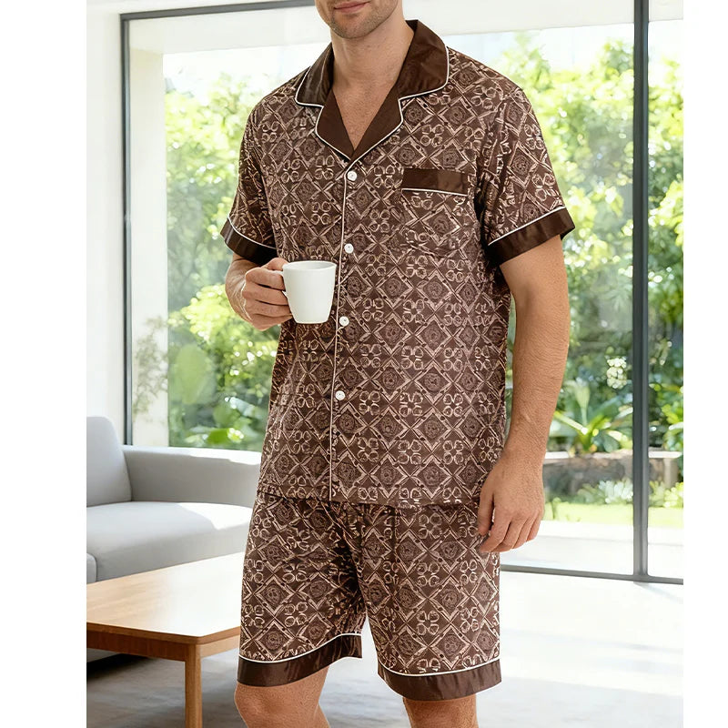 Men's Satin Look Lapel Short Sleeve Shirt and Shorts Pajama Set