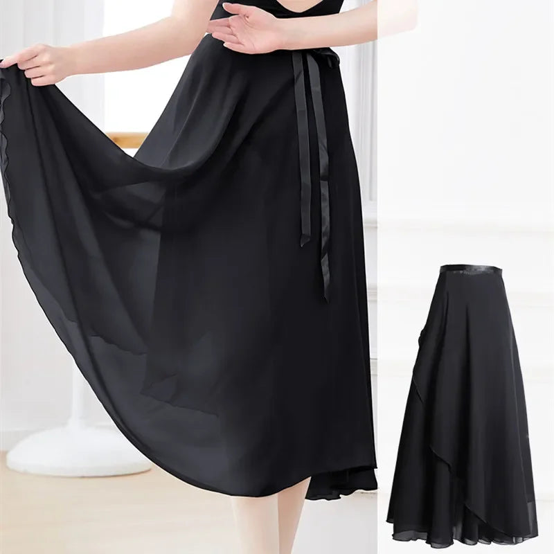 Women's Long Ballet Wrap Skirt with Flowing Hem and Tie Waist