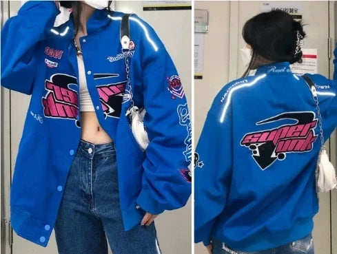 Collared Long Sleeve Loose Fit Casual Streetwear Bomber Jacket